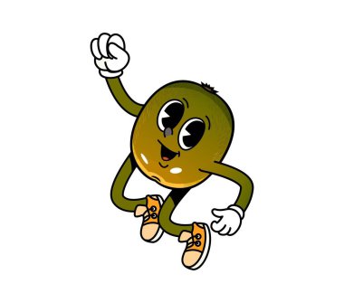 Çizgi film harika kivi meyve karakteri. İzole vektör eğlencesi ve canlı yemek kişiliği spor ayakkabıları ve eldivenlerle havaya zıplayarak neşeli ve enerjik bir titreşim yayıyor. Taze ve olgun kivi.