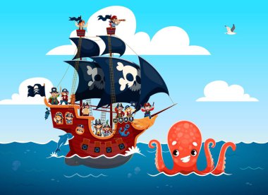 Çocuk denizciler ve dev ahtapot canavarlarıyla dolu bir korsan gemisi. Siyah kafatası bayraklı, okyanusta dost canlısı krakenler ve zıplayan yunuslarla dolu Corsair çocuk karikatürü sahnesi.