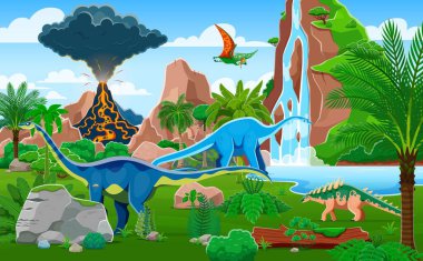 Karikatür tarih öncesi dinozorlar park alanı. Renkli dinozor türlerinin yer aldığı vektör antik zaman sahnesi, arka planda volkanik bir püskürme ile ağaçlar arasında uçuyor ve geziniyor.
