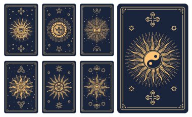 Tarot kartları sihirli okült, esrarengiz ve mistik işaretler, vektör sembolleri ile ters güverteler. Astroloji tarot kartları, göksel güneş ve ayın gizli kutsal geometrisi, pentagram ve mason piramitleri.
