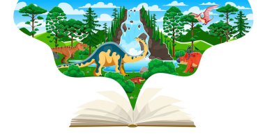 Tarih öncesi dinozorlarla dolu okul kitaplarını açtı. Ormanda Jurasik döneme ait şelaleli, yemyeşil ve ağaçlı karakterler. Dinozor sürüngenlerinin antik dünyası hikaye kitabı ya da eğitim kitabı