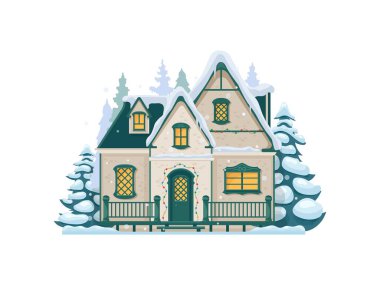 Karlı çatısı olan bir çizgi film karakolu. Xmas şenlik evi karlı cephe, Noel köyü evi izole vektör dış veya kış tatili şehir kır evi manzarası