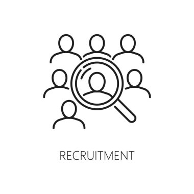Adam toplama ve kafa arama için iş çizgisi simgesi, vektör resim. Çalışan insanlar ve personel arayışı için büyüteç simgesi ya da dış kaynak işçileri ya da şirket profesyonel adayları için personel alımı