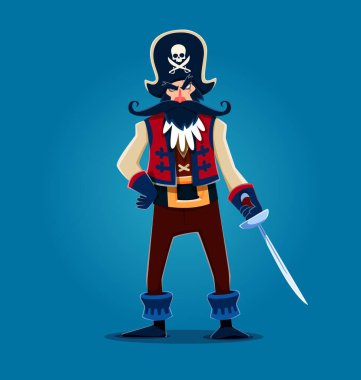 Kılıçlı bir karikatür korsanı. Vektör korsair, tehditkar bir bakışla kendinden emin duruyor. Klasik giyinmiş bir deniz gezgini ve çapraz kılıçlı, kafatası amblemli ve kılıçlı bir şapkası var.