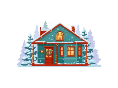 Çizgi film Noel Kışlık Evi dış görünüşü. Karlı ev binası. Işıltılı ışıklar, karla kaplı çatı ve şenlikli dekorasyonlarla süslenmiş izole bir vektör kulübesi, ışıl ışıl tatil neşesi.