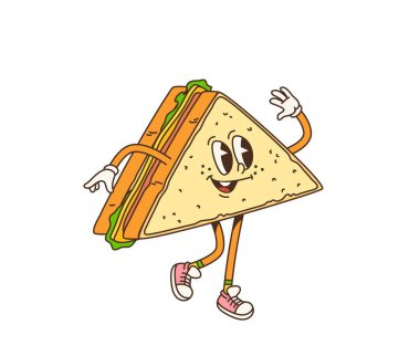 El sallayan ve gülümseyen yüzüyle yürüyen eski çizgi film harika kahvaltı sandviçi karakteri. Sebze dolgusu, neşeli ve hareketli yemek kişiliği olan izole vektör üçgen sandviç ekmeği