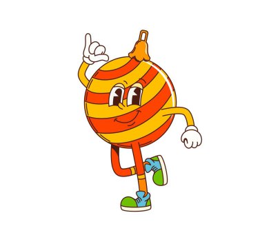 Canlı çizgili çizgi film süper Noel balosu karakteri dans ediyor, retro disko partisini kutluyor. İzole edilmiş vektör takısı, tatil dekorasyonları kişiliği Noel eğlencesi, neşe ve şenlik ruhu yayıyor.