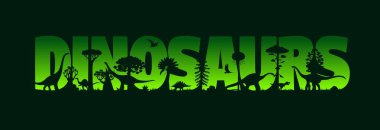 Jurassic Park 'ta tarih öncesi dinozorların siluetleri gün batımı veya orman ormanı manzarası, vektör arkaplan. Dinozorlar ve Jurasik dönemin dev kertenkeleleri yeşil günbatımında kesme harfleriyle