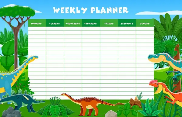 stock vector Weekly planner schedule with prehistoric dinosaurs and Jurassic dino lizards, vector template. Week daily planner and to-do list organizer for day task plans with cartoon prehistoric dinosaurs