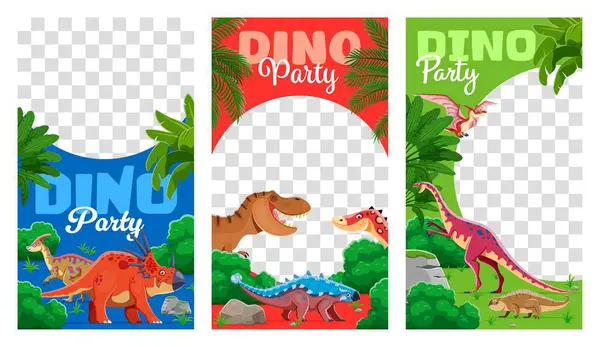 stock vector Kids party social media templates with funny prehistoric dinosaurs, cartoon vector. Kids entertainment event or dino party invitation posts templates for social media with Jurassic dinosaur characters