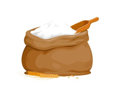 Buğday unu torbası, çizgi film vektörü kahverengi çuval, un dolu ve yanında çiğ pişirme, tarım ve pişirme malzemelerini temsil eden ahşap kepçe ve biraz da buğday sapı var.
