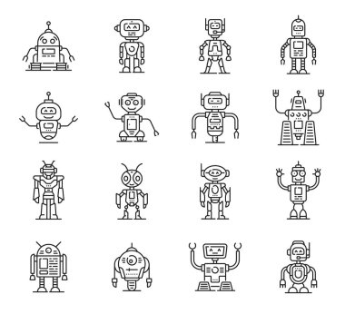 Robot çizgisi ve taslak simgeleri. Gelecekteki yapay zeka teknolojisi ve bilimin sevimli robot oyuncakları. Vektör robot canavarlar, retro droid ve cyborg kişilikler. Mutlu yüzlü yapay zeka makineleri.