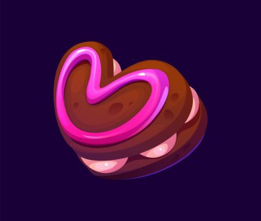 Pembe kremalı ve beyaz dolgulu karikatürlü sevgililer günü çikolatalı kurabiye. Şeker tatlısı, şekerleme tatlısı. Kalp şeklinde enfes, sevgililer günü kutlaması ve romantik olay için lezzetli bir ikram.