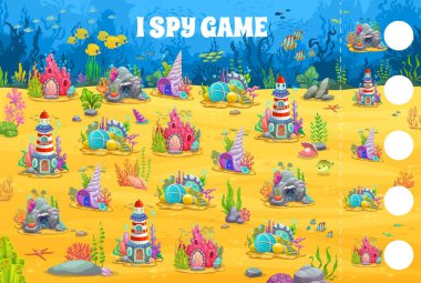 Oyun kağıtları, sualtı çizgi film evleri. Deniz kızı evleri olan çocuklar için bir bilmece. Deniz tabanında kaç tane fantezi binası olduğunu say. Çocuk testi, bebek zihin gelişimi için eğitim görevi