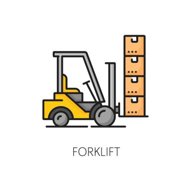 Lojistik tedarik zinciri ve nakliye teslimatı için forklift kargo servisi renk çizgisi simgesi, vektör sembolü. Depo deposunda sipariş paketleri olan forklift arabası, lojistik tedarik için renk simgesi