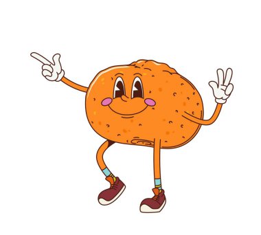 Çizgi film modası geçmiş, mandalina renkli, spor ayakkabı giyen, büyük, küstah bir gülümseme ile eski moda titreşimler saçan bir karakter. İzole vektör olgun ve neşeli tropikal portakal veya mandalina meyvesi kişiliği