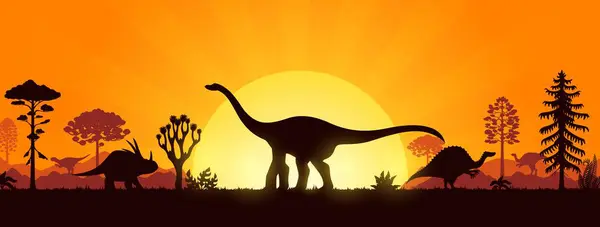 stock vector Giant dinosaur silhouettes in Jurassic era sunset in prehistoric forest, vector background. Dinosaurs and giant lizard silhouettes in mountain valley landscape with sun in sky for paleontology museum