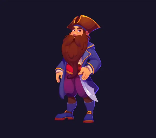 stock vector Cartoon pirate captain character. Isolated vector serious sea corsair with long brown beard, stands confidently in cocked hat, and blue coat with silver dagger on belt, looking off into the distance