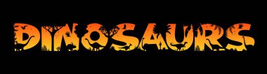 Dinosaurs sunset silhouettes in jungle or prehistoric Jurassic forest, vector cutout letters. Dino park with giant lizards, birds and dinosaur silhouettes in forest sunset with T-rex tyrannosaurus clipart