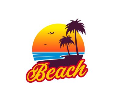 Palmiye ağaçları ve ada plajı olan tropik bir gün doğumu. Tatil için vektör ikonu. Deniz veya okyanus sahili ikonu, cennet adası veya otel için gün batımında gökyüzünde palmiyeler ve martılar.