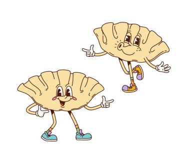 Çizgi film modası geçmiş, neşeli yüzlü, vektör funky yiyecekleri olan Gyoza hamur köftesi karakterleri. Japon Asya mutfağı çizgi film karakterleri için yüzünde aptal bir gülümsemeyle ıslık çalan harika gyoza hamur tatlısı.