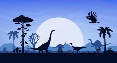 Tarih öncesi dinozorların siluetleri tarih öncesi tarih öncesi bitkilerle dolu. Brakosaurus ve oviraptor dino ile vektör arkaplan, koyu mavi gökyüzünde büyük ayın önünde uçan pterosaur gölgeleri.