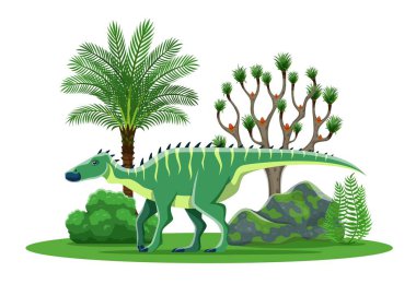 Karikatür dinozoru ya da Jurassic Park 'taki tarih öncesi kertenkele karakteri, Shantungosaurus dino vektörü. Shantungosaurus türünün tarih öncesi komik dinozor kertenkelesi ormandaki ağaçlar ve palmiyelerle