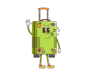 Retro çizgi film seyahat valiz karakteri, komik suratlı vektör gülüşü. Havalı seyahat çantası ya da valiz ıslık çalan şarkı notaları, yaz tatilleri ve bayram modası komik karakter