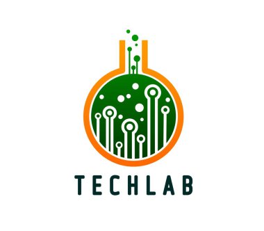 Teknoloji laboratuarı ikonu, devre çizgileri ve baloncuklarla dolu yuvarlak tabanlı yenilikçi amblem, teknoloji ve bilimin birleşimini sembolize eden, teknik laboratuvarlar veya bilimsel araştırma tesisleri