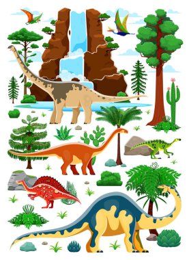 Tarih öncesi dinozorlar yemyeşil bir arazide. Uçurumlar, şelaleler, bitkiler, ağaçlar, eğrelti otları ve kayalar ile doğal bir ortamda dinazor türleri kümesi dinamik ve canlı bir tarih öncesi ortam yaratıyor.