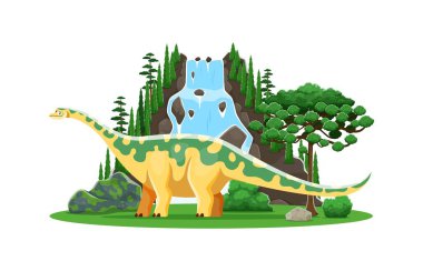 Karikatür dinozoru ya da tarih öncesi kertenkele Opisthocoelicaudia, Jurassic koleksiyonu için vektör karakter. Tarih öncesi dinozor Opisthocoelicaudia ormandaki şelaleli komik dino