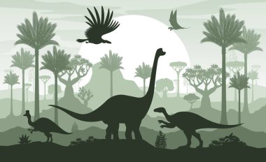 Tarih öncesi dinozor siluetleri. Jurasik manzaranın vektör gölge sahnesi, dinazor hayvanlar ve palmiye ağaçları ve eğreltiotu ile büyük bir günbatımı güneşi altında, yeşil arkaplan monokromatik