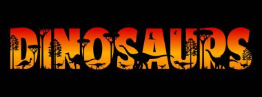 Dinozorların gün batımı siluetleri. Tarih öncesi bölgede dinazor türleri ve ağaçlarla dolu dinazorların vektör tipografisi kırmızı, turuncu ve sarı renkte canlı bir günbatımı gradyanı karşılıyor.