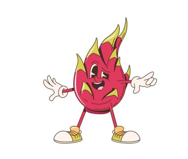 Retro çizgi film, havalı Ejder Meyvesi Pitahaya karakteri. İfade dolu bir yüzü var. Kendine güvenen bir duruşu var. İzole edilmiş vektör tropikal ejderha meyve kişiliği göz kırpıyor ve moda spor ayakkabılar giyiyor.