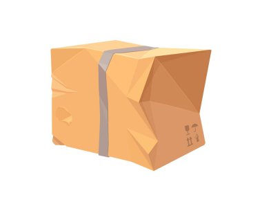 Damaged crumpled cardboard delivery box. Broken and ripped cargo parcel package. Vector distressed and poorly treated package, symbolizing shipping errors, damaged goods and transportation mishaps clipart