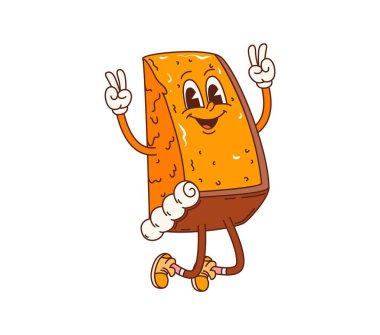 Eski moda süngerimsi tatlı karakteri neşeyle atlıyor. Pasta kişiliğinin izole edilmiş karikatür vektör dilimi iki elinle barış işareti yapıyor, geniş bir gülümsemeyle. Kremalı pasta ve spor ayakkabısı.