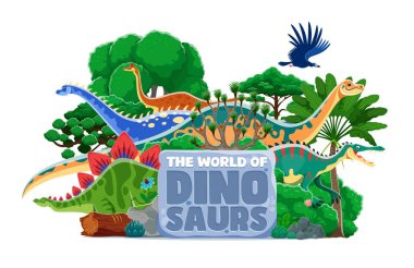 Cartoon prehistoric dinosaurs atlas book cover with funny dino characters, vector background. World of dinosaurs kids atlas book cover with Jurassic era lizards, reptiles and birds in jungle forest clipart