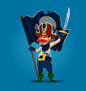 Siyah bayraklı, kafatası amblemi ve kılıcı olan bir korsan karakteri. Otorite ve liderlik yayıyor. Vektör donanma kabadayısı, kırmızı bıyıklı ve şapkalı.