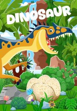 Ormandaki dinozor yumurtalı dinozor anne, tarih öncesi kertenkele çizgi filmi, çocuklar için vektör posteri. Jurassic Park Ormanı 'nda palmiyeler ve dağ şelaleleri olan yavru yumurtalarıyla dinazor anne.