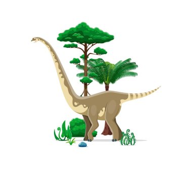 Omeisaurus prehistoric dinosaur character. Long-necked dino standing among lush jungle plants and trees of Middle jurassic era period. Isolated cartoon vector ancient herbivore animal reptile animal clipart