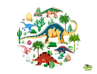 Cartoon prehistoric dinosaur characters, ancient landscape plants and dino eggs in circular shape. Vector dinosaur species in their natural habitat, flora and rocks, palm trees, ferns and cactiV clipart