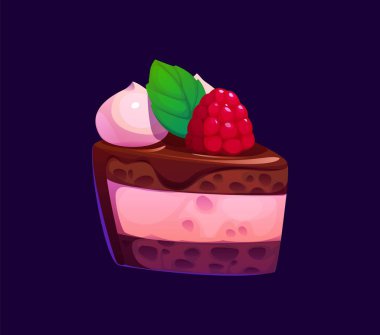 Karikatür, sevgililer günü pastası, şekerleme, şekerleme. Üzerinde taze ahududu ve nane yaprağı olan lezzetli bir dilim pembe meyveli pasta. Tatlı yemek, tatlı pastane ziyafeti