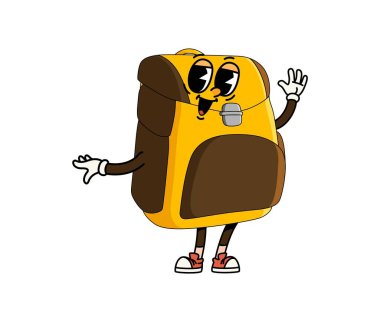 Çizgi film süper okul sırt çantası karakteri. İzole vektör retro çanta ya da arkadaş canlısı bir sırt çantası kişiliği ve çocuk eğitimine ve okula dönüş maceralarına hazır neşeli bir ifade.