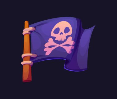 Jolly Roger 'ın korsan bayrağı. Rüzgarda dalgalanan kafatası ve çapraz kemikli koyu mor bir pankart. Uğursuz kafatasına sahip Pennant, açık deniz macerasının sembolü, tehlike ya da korsanlığın.