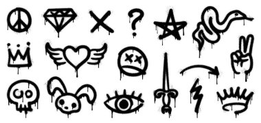 Grunge duvar yazısı sprey boya, sokak mürekkebi sanatı. Siyah barış işareti, elmas, taç, kafatası ve hançer, göz, tavşan, yıldırım ve ok. Pis, şehir sanatları ve damlayan boya efektleri.