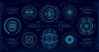 Dairesel fütüristik dijital HUD elementleri, bilim kurgu arayüzü. Mavi vektör neon başlıkları ekran hologramları, yüksek teknoloji bileşenleri, gelişmiş kullanıcı arayüzü grafikleri. Gelişmiş yenilik teknolojisi