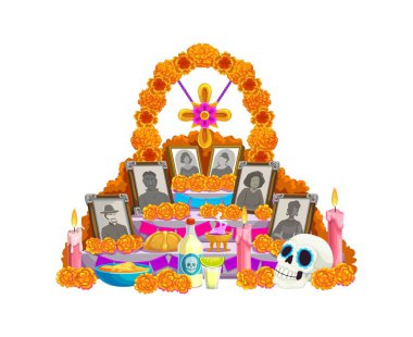 Ölü dia de los muertos mexican ofrenda mihrabının karikatür günü geleneksel kadife çiçekleri, mumlar, kafatasları ve çerçeveli fotoğraflarla süslenmiş, zengin kültürel mirası ve atalarımızın anısını yansıtıyor.