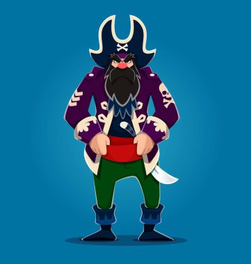 Çizgi film korsanı ya da Tricorne şapkalı denizci kaptan karakter, vektör kızgın Corsair. Yaşlı korsan kaptanı ya da gemi batakhanesi korsanı ve parlamento öncüsü çapraz kemikli ve kılıç kılıçlı kaptan