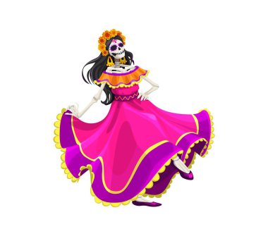 Ölü dia de los muertos Catrin karakterinin Meksika çizgi filmi günü. Renkli bir elbise giymiş, geleneksel flamenko dansı yapan, bayram iskelet kadın kişiliği, bayram etkinliğini neşeyle kutluyor.