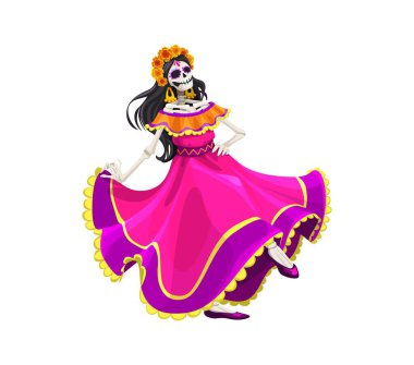 Cartoon Mexican day of the dead dia de los muertos Catrin character. Holiday skeleton woman personage dressed in a colorful dress dancing traditional flamenco, celebrating festive event with joy clipart